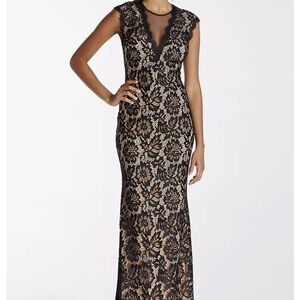 Betsy & Adam Open-Back Black and Nude Cap Sleeve Gown with Black Lace Overlay